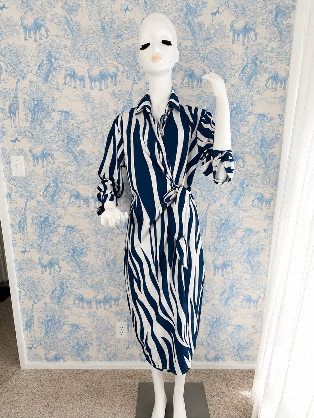 Blue White Zebra Print Wrap Midi Dress Collared Tie Waist Coastal Preppy